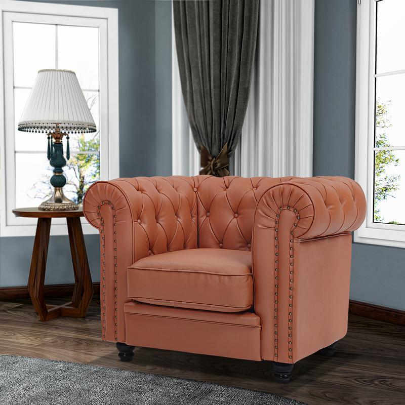 WIIS' IDEA™ Chesterfield Genuine Leather Armchair Sofa With Solid Wood Oak Legs - Light Brown