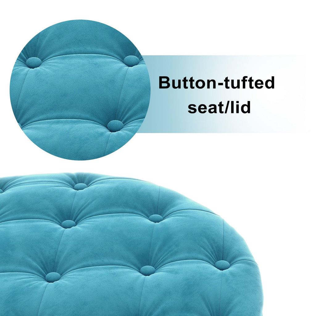 WIIS' IDEA™ Classic Button Tufted Velvet Round Ottoman With Storage - Blue