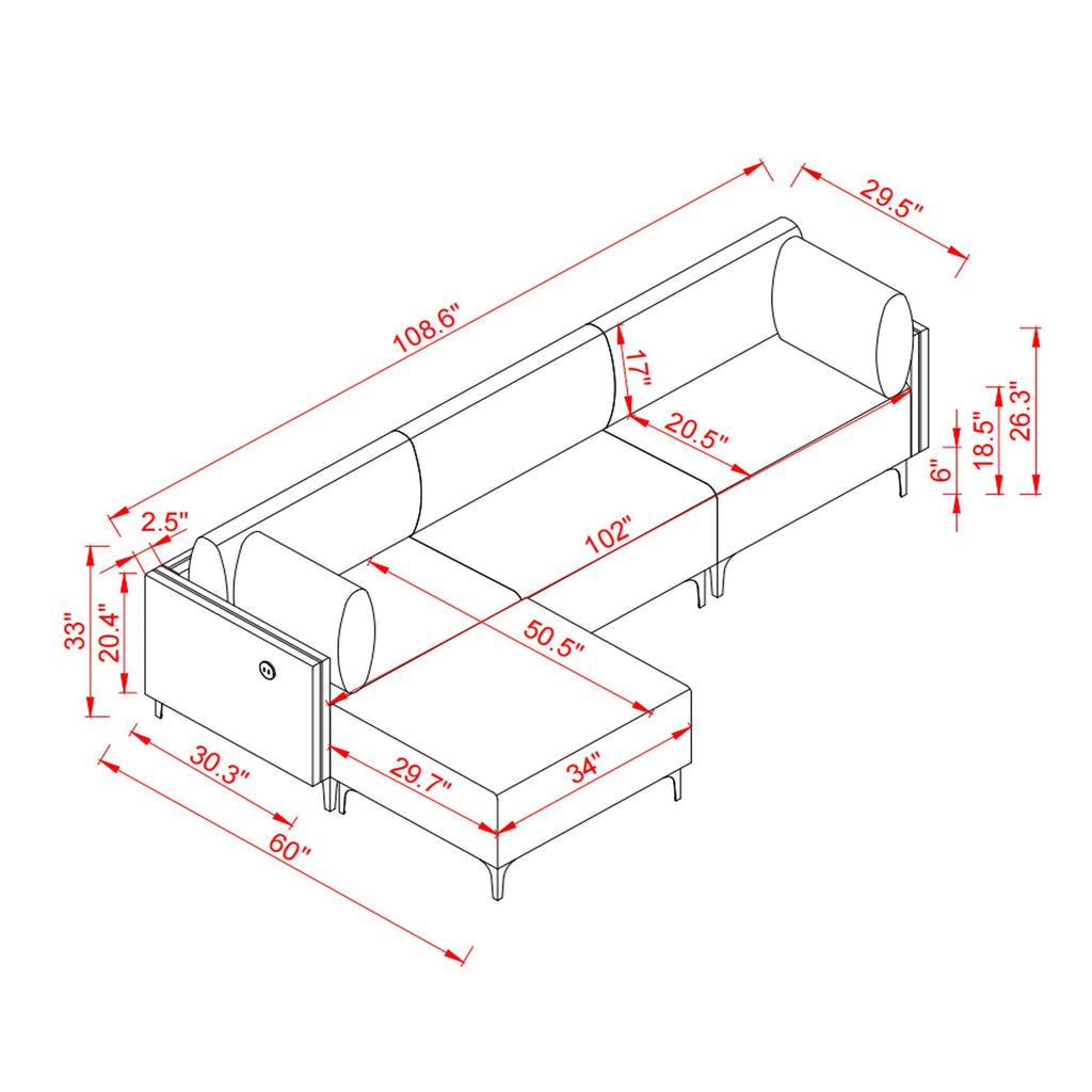 WIIS' IDEA™ L-Shaped  Fabric Sectional Sofa With USB - Grey - WIIS' IDEA™ | Original Furniture Online Store