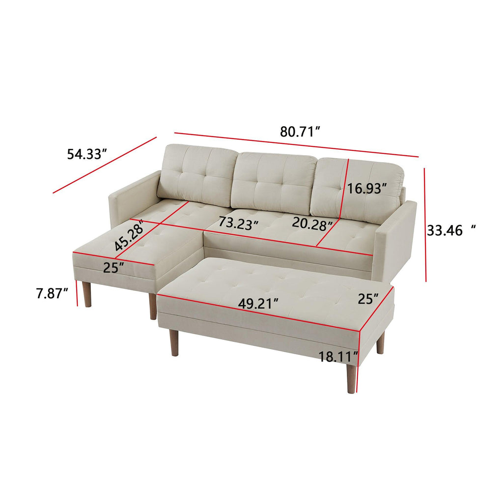 WIIS' IDEA™ L-shaped Sectional Sofa With Ottoman Bench -  Beige