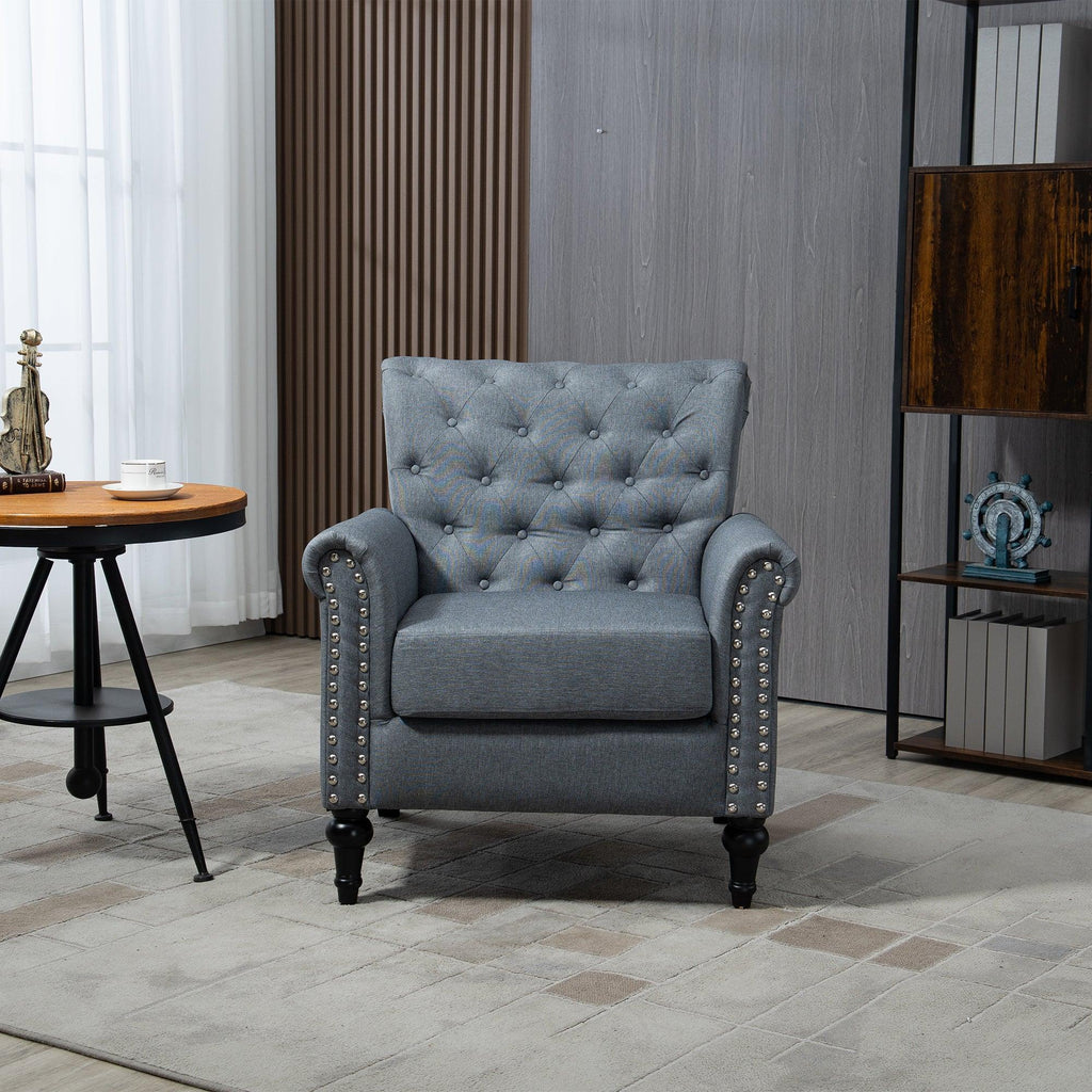 WIIS' IDEA™ Mid-Century Modern Linen Accent Armchair WithTufted Back And Wood Legs - Grey