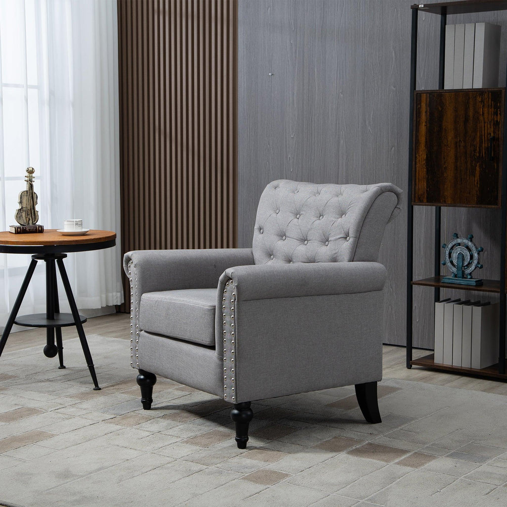 WIIS' IDEA™ Mid-Century Modern Linen Accent Armchair WithTufted Back And Wood Legs - Light Grey