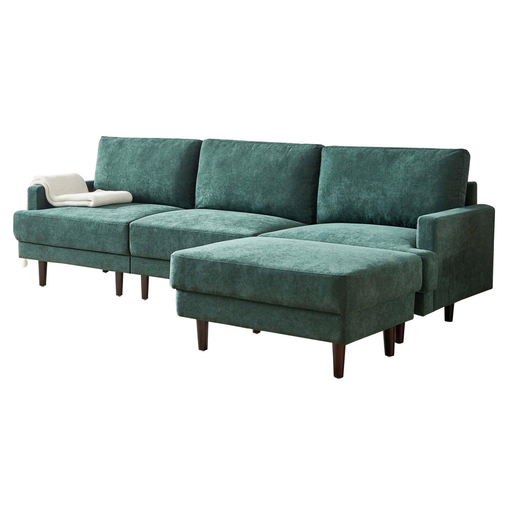 Modern L-shaped Fabric Sofa 3 Seater With Ottoman - Emerald
