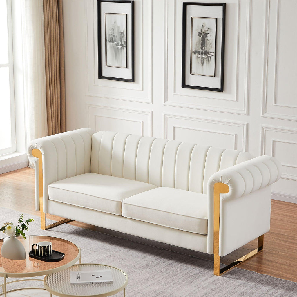 WIIS' IDEA™ Modern Velvet Loveseat Sofa With Gold Stainless Steel Arm and Legs - Beige
