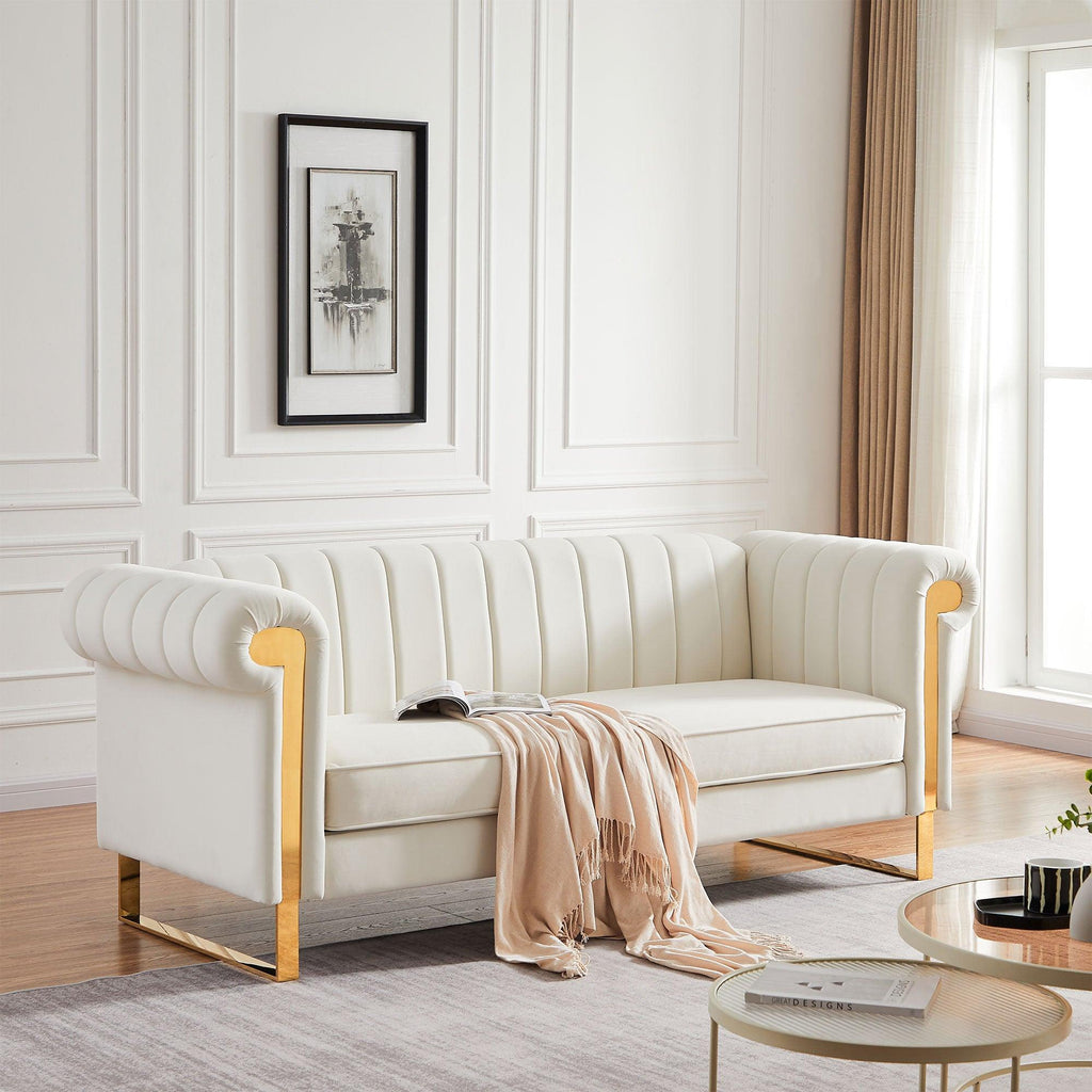 WIIS' IDEA™ Modern Velvet Loveseat Sofa With Gold Stainless Steel Arm and Legs - Beige