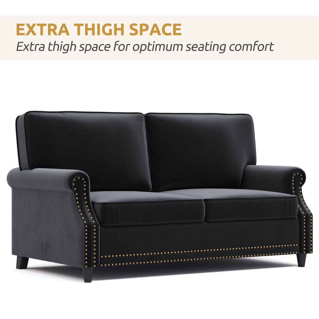 WIIS' IDEA™ Modern Velvet Rolled Arm Loveseat Sofa Upholstered With Deep Seat - Black