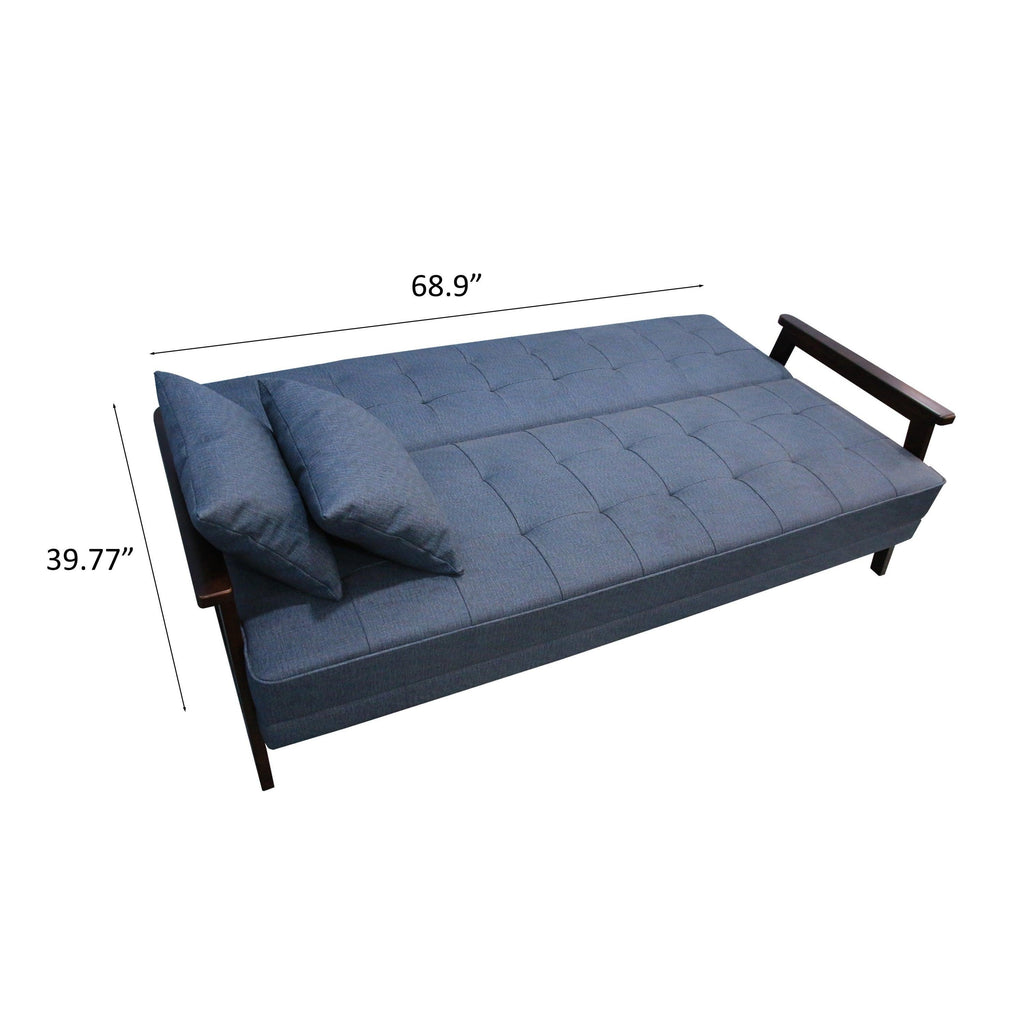 WIIS' IDEA™ Natural Fiber Leather Sofa Bed With Wood Armrest - Dark Blue