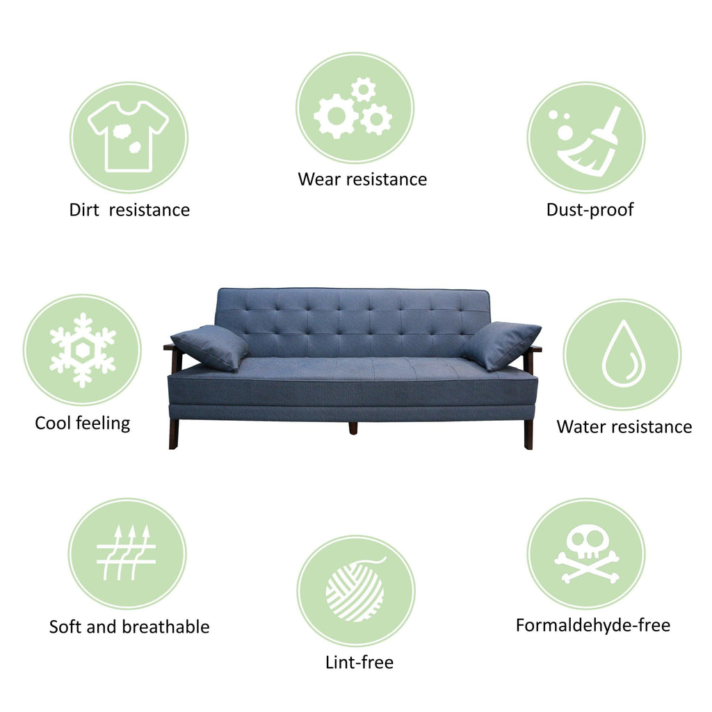 WIIS' IDEA™ Natural Fiber Leather Sofa Bed With Wood Armrest - Dark Blue