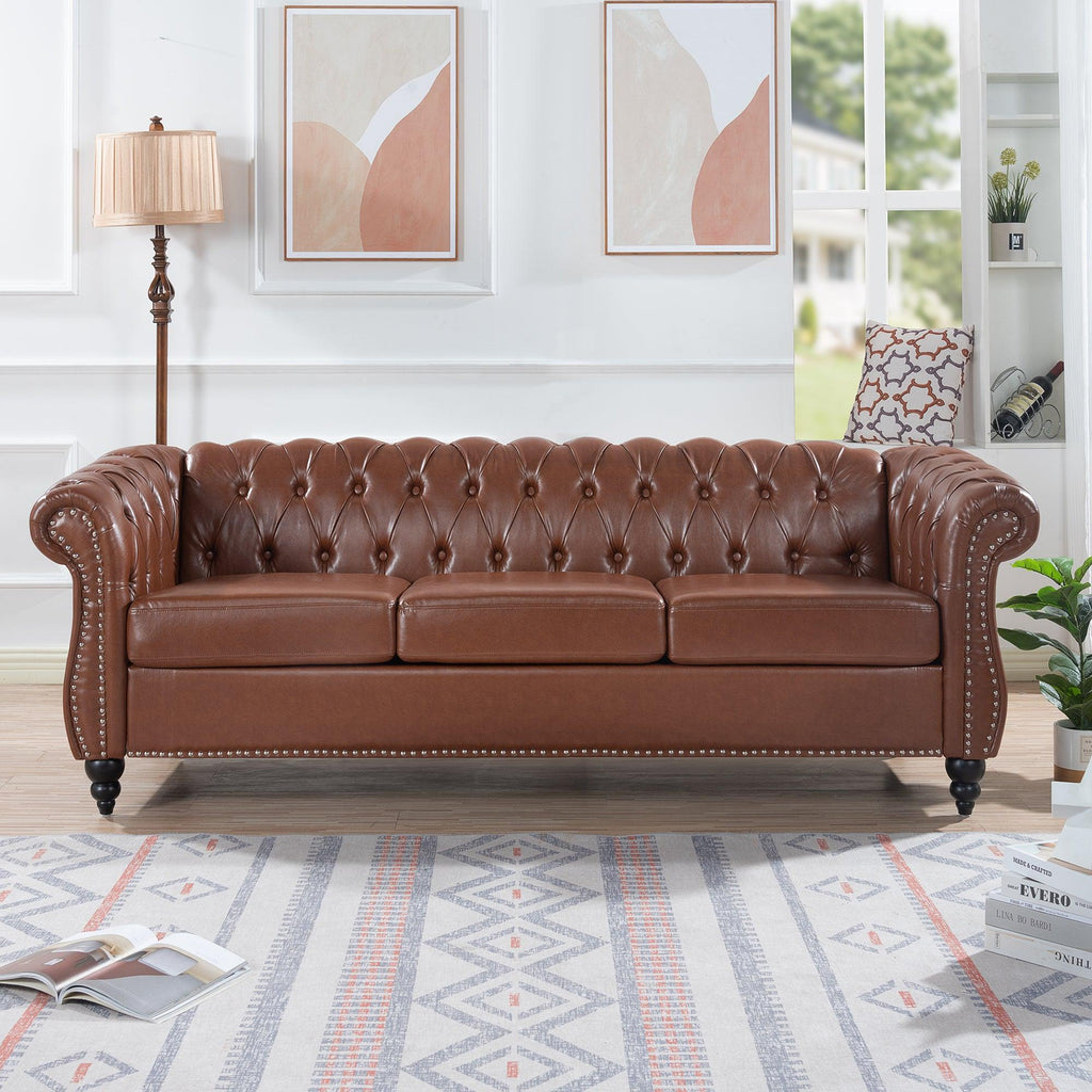 WIIS' IDEA™ PU Leather Rolled Arm 3 Seaters Chesterfield Sofa - Brown