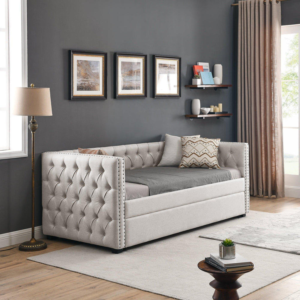 WIIS' IDEA™ Trundle Upholstered Tufted Sofa Bed - Beige
