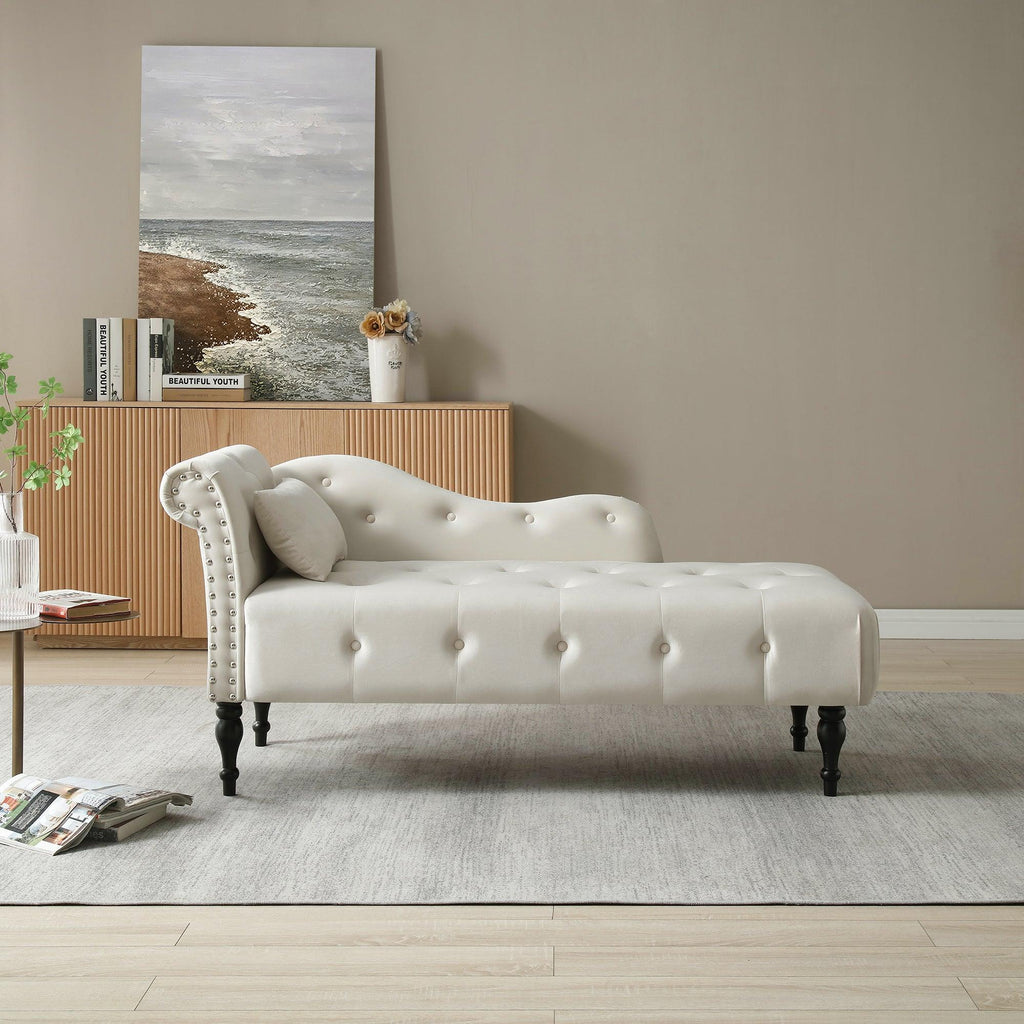Velvet Chaise Lounge With Soft Upholstery,Tufted Buttons - Beige