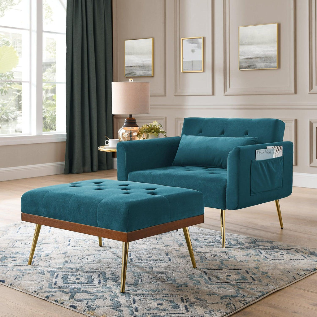 Velvet Recline Armchair Sofa With Ottoman, Two Arm Pocket  - Teal Blue