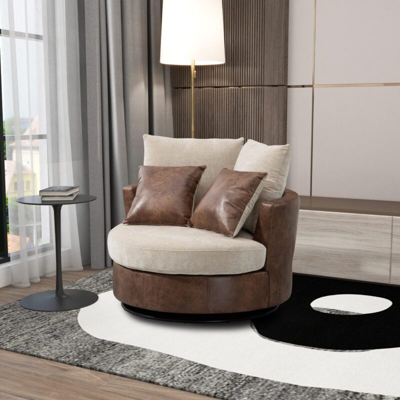 WIIS' IDEA™ 360 Degree Swivel Round Armchair Sofa - Beige&Brown