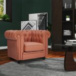 WIIS' IDEA™ Chesterfield Genuine Leather Armchair Sofa With Solid Wood Oak Legs - Light Brown