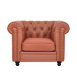 WIIS' IDEA™ Chesterfield Genuine Leather Armchair Sofa With Solid Wood Oak Legs - Light Brown