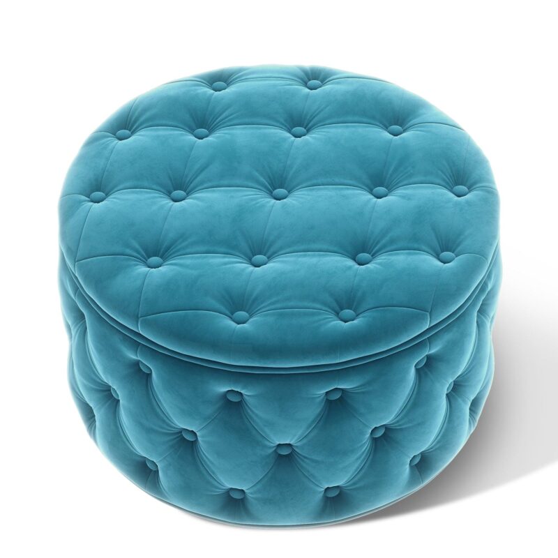 WIIS' IDEA™ Classic Button Tufted Velvet Round Ottoman With Storage - Blue