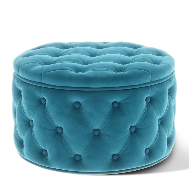 WIIS' IDEA™ Classic Button Tufted Velvet Round Ottoman With Storage - Blue