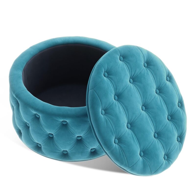 WIIS' IDEA™ Classic Button Tufted Velvet Round Ottoman With Storage - Blue