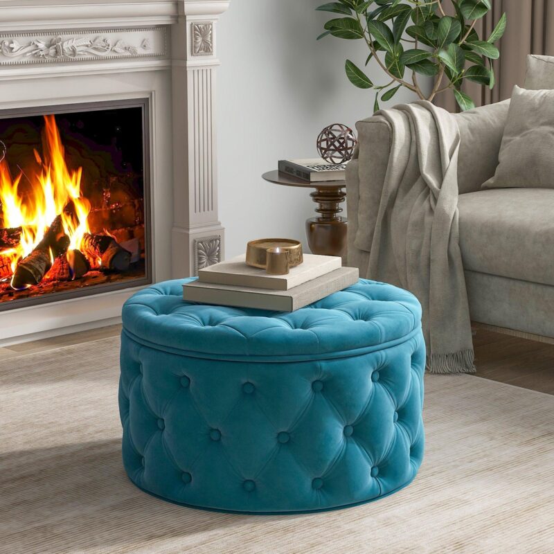 WIIS' IDEA™ Classic Button Tufted Velvet Round Ottoman With Storage - Blue