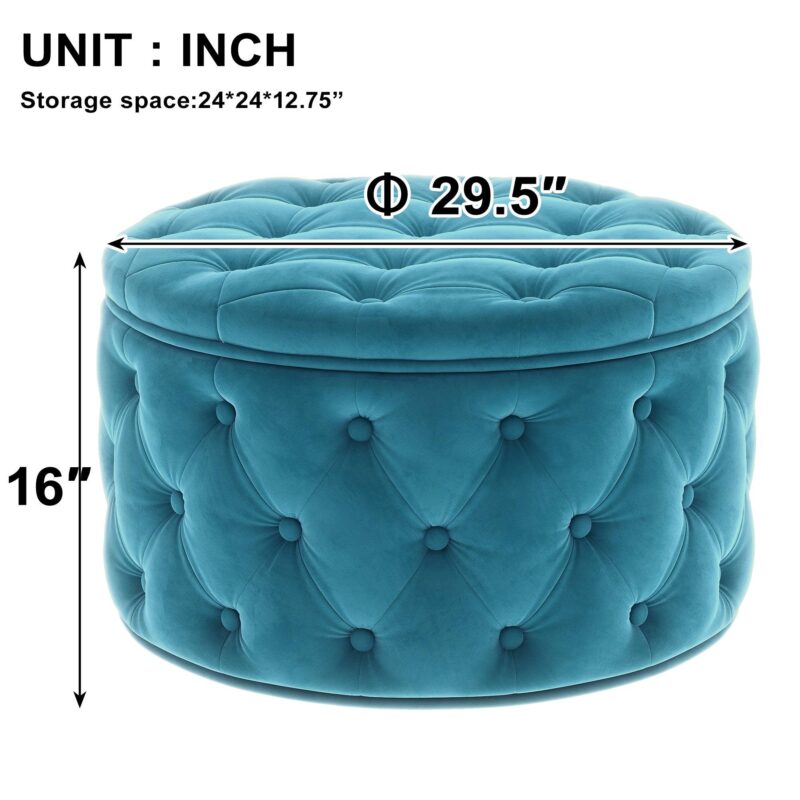 WIIS' IDEA™ Classic Button Tufted Velvet Round Ottoman With Storage - Blue