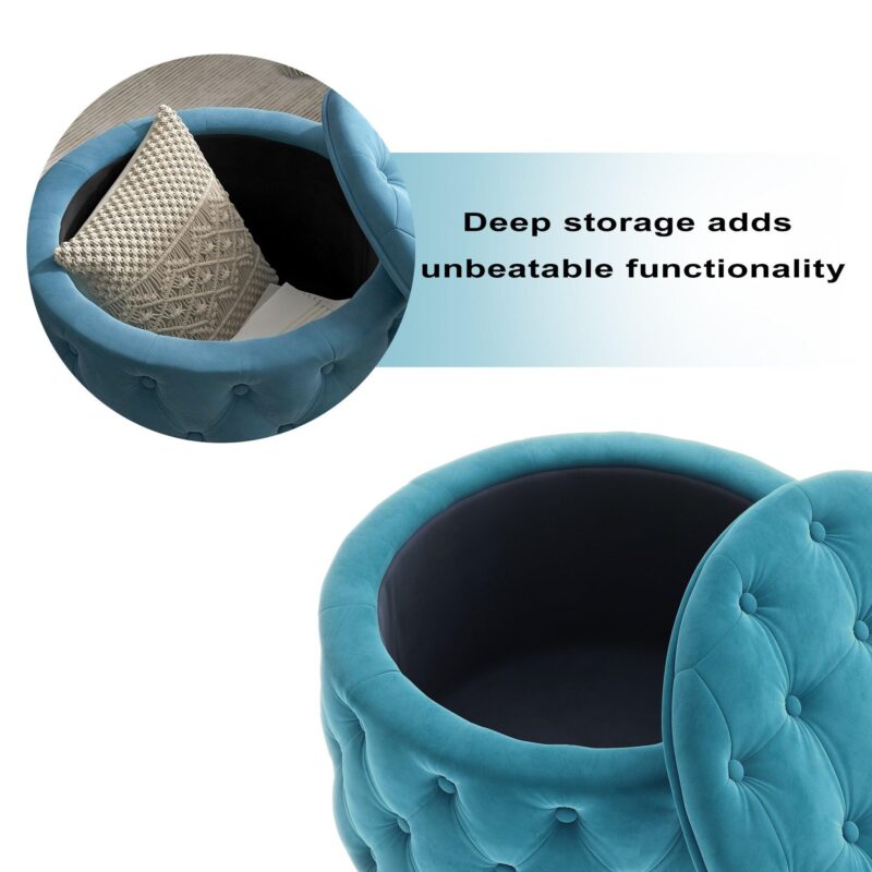 WIIS' IDEA™ Classic Button Tufted Velvet Round Ottoman With Storage - Blue