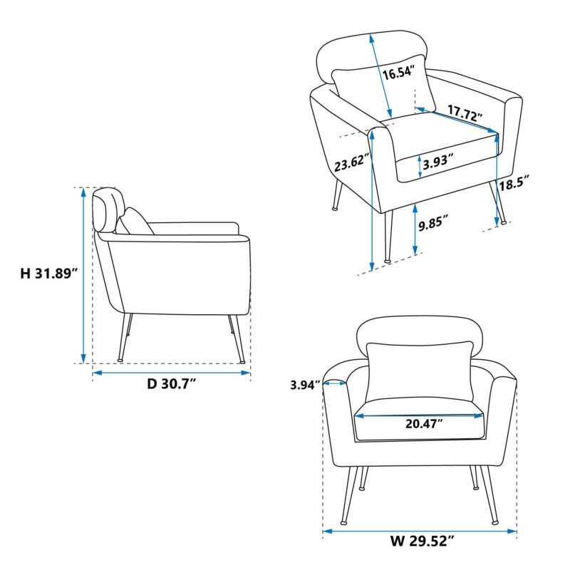 WIIS' IDEA™ Classical Accent Armchair With Black Metal Legs - Light Grey