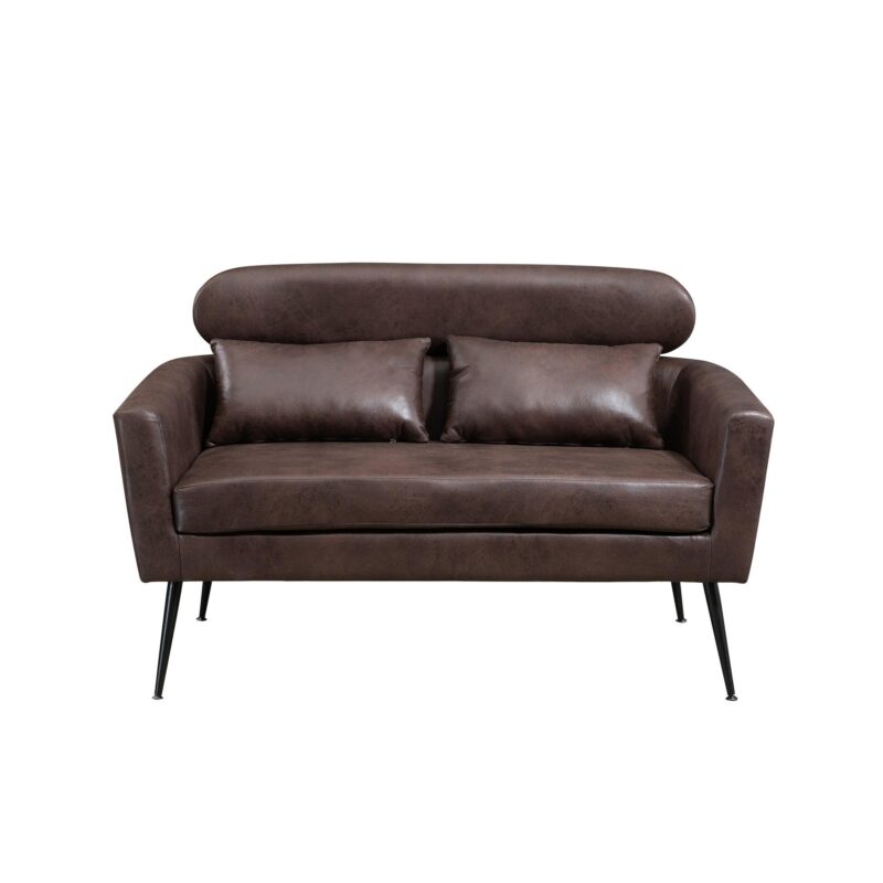 WIIS' IDEA™ Classical Small Loveseat Sofa Couch With 2 Throw Pillows Black Metal Legs - Dark Brown