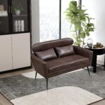 WIIS' IDEA™ Classical Small Loveseat Sofa Couch With 2 Throw Pillows Black Metal Legs - Dark Brown