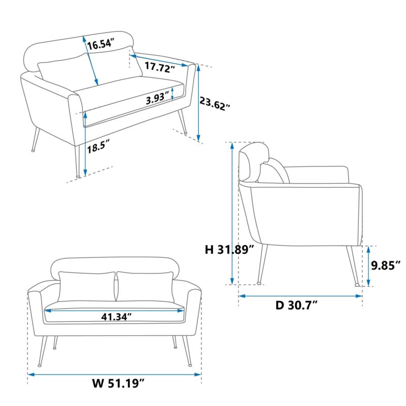 WIIS' IDEA™ Classical Small Loveseat Sofa Couch With 2 Throw Pillows Black Metal Legs - Dark Brown.