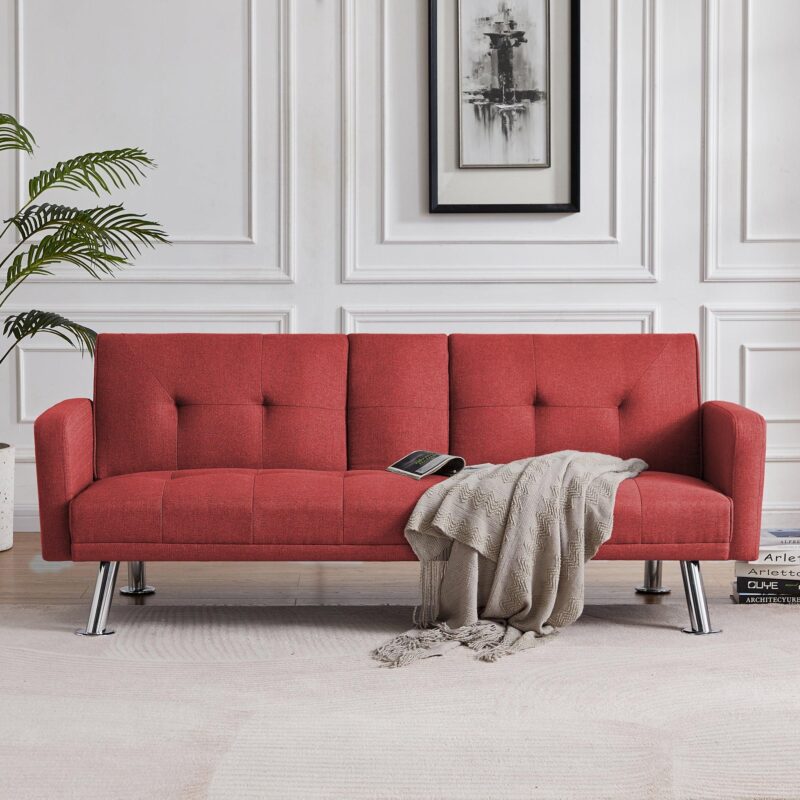 WIIS' IDEA™ Convertible Fabric Folding Sleeper Sofa With Armrest - Red