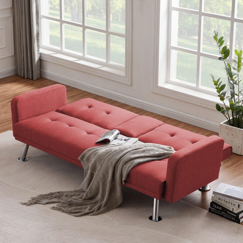 WIIS' IDEA™ Convertible Fabric Folding Sleeper Sofa With Armrest - Red