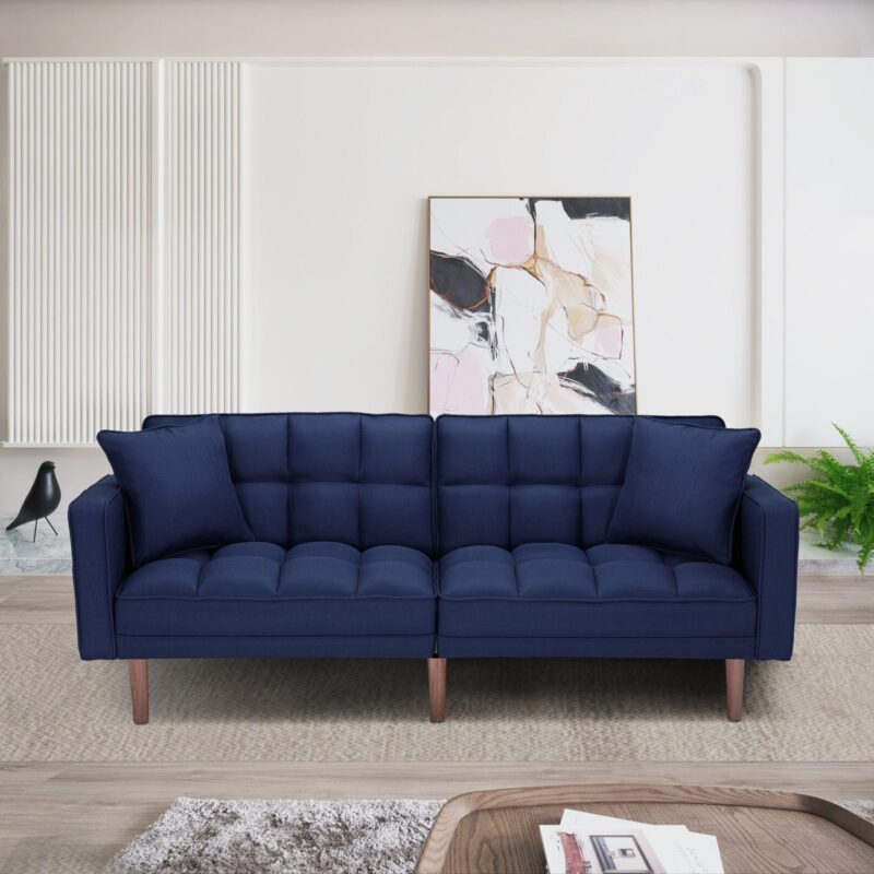 WIIS' IDEA™ Futon Fabric Loveseat Sleeper Sofa With 2 Pillows - Navy Blue