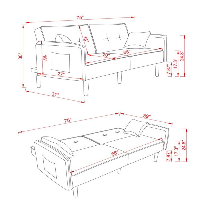 WIIS' IDEA™ Futon Fabric Sofa bed For Living Room with Solid Wood Leg - White