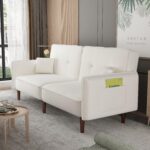 WIIS' IDEA™ Futon Fabric Sofa bed For Living Room with Solid Wood Leg - White