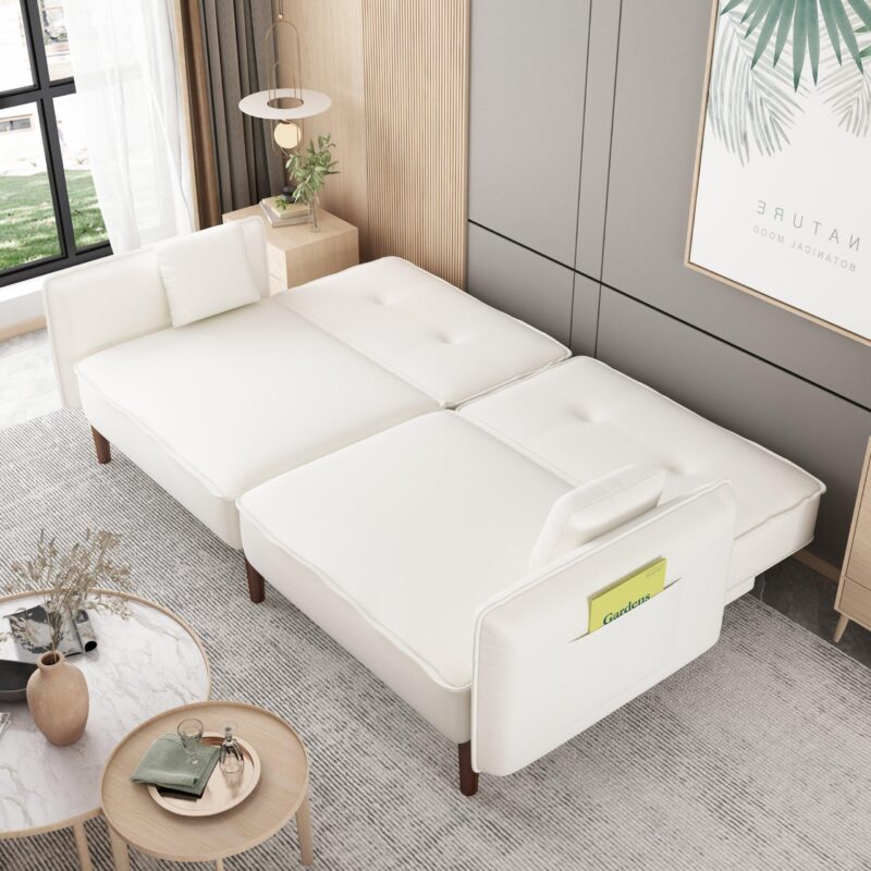 WIIS' IDEA™ Futon Fabric Sofa bed For Living Room with Solid Wood Leg - White