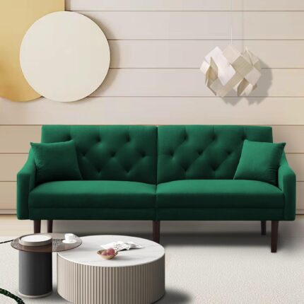 WIIS' IDEA™ Futon Velvet Loveseat Sleeper Sofa Bed With 2 Pillows - Green