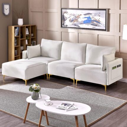 WIIS' IDEA™ L-Shaped Fabric Sectional Sofa With USB - Beige