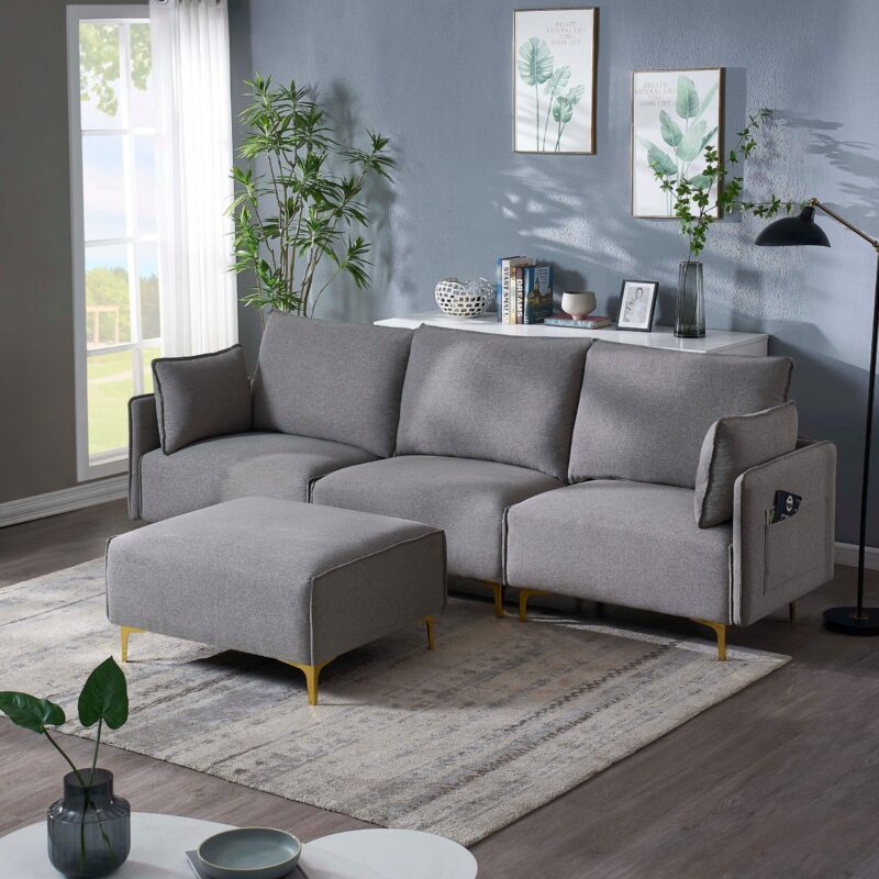 WIIS' IDEA™ L-Shaped  Fabric Sectional Sofa With USB - Grey