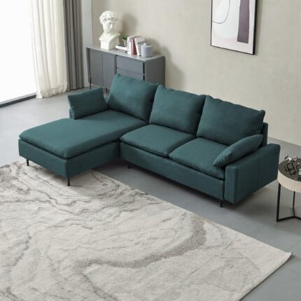 L-Shaped Linen Fabric Sectional Sofa With Right Chaise - Emerald