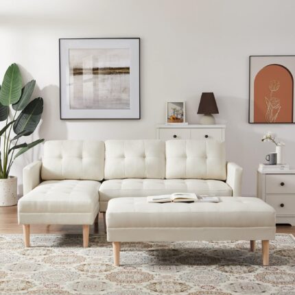 WIIS' IDEA™ L-shaped Sectional Sofa With Ottoman Bench -  Beige