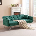 WIIS' IDEA™ Linen Sofa Bed With Square Armrests - Dark Green