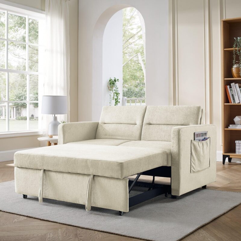 WIIS' IDEA™ Loveseat Sleeper Sofa Bed With Pull-out Bed And Adjsutable Back - Beige