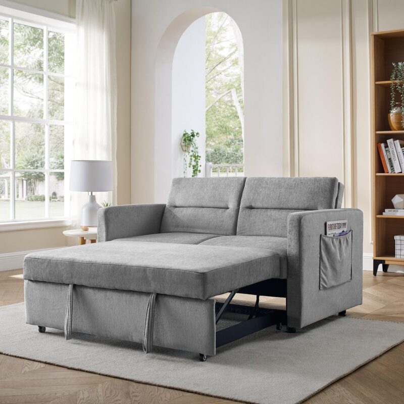 WIIS' IDEA™ Loveseat Sofa Bed With Pull-out Bed And Adjsutable Back - Grey