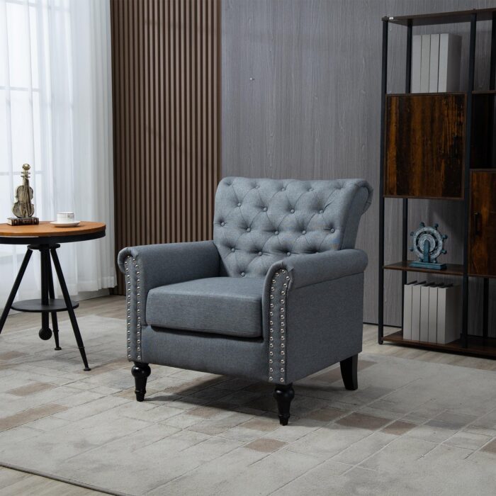 WIIS' IDEA™ Mid-Century Modern Linen Accent Armchair WithTufted Back And Wood Legs - Grey