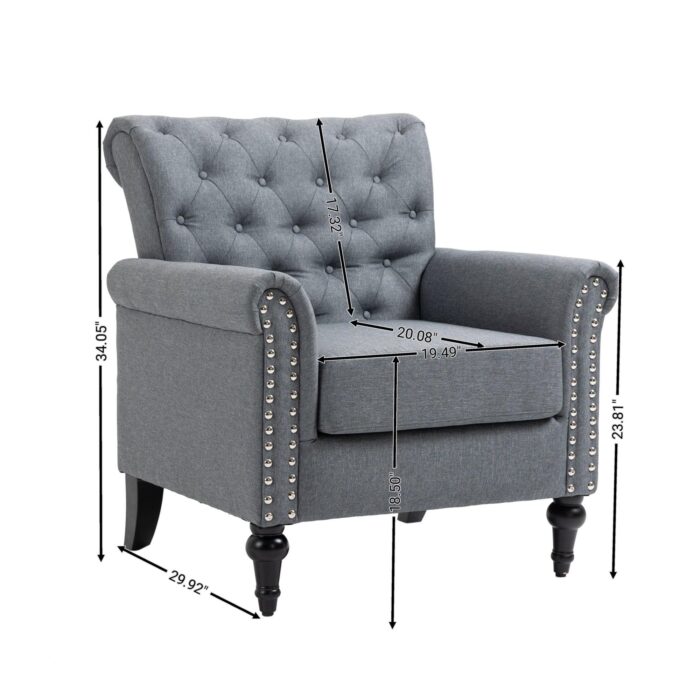 WIIS' IDEA™ Mid-Century Modern Linen Accent Armchair WithTufted Back And Wood Legs - Grey