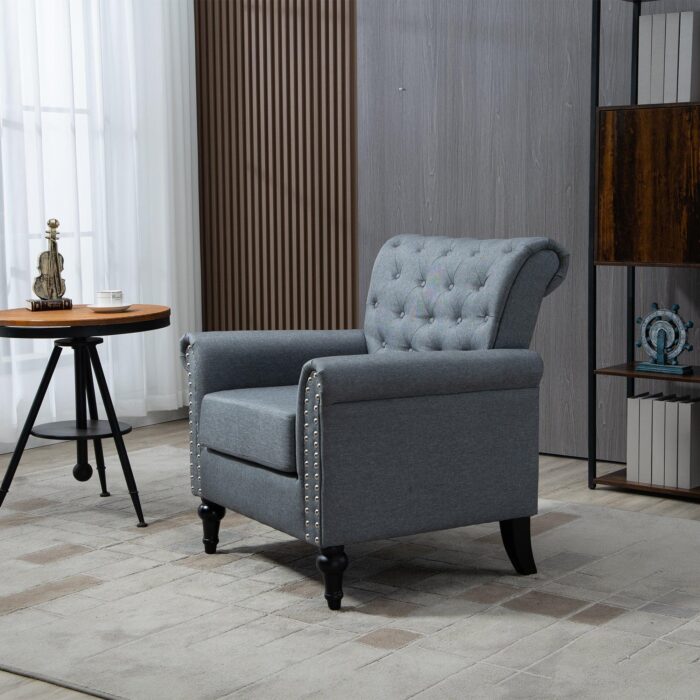 WIIS' IDEA™ Mid-Century Modern Linen Accent Armchair WithTufted Back And Wood Legs - Grey