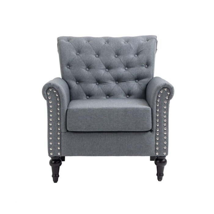 WIIS' IDEA™ Mid-Century Modern Linen Accent Armchair WithTufted Back And Wood Legs - Grey