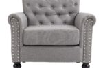 WIIS' IDEA™ Mid-Century Modern Linen Accent Armchair WithTufted Back And Wood Legs - Light Grey