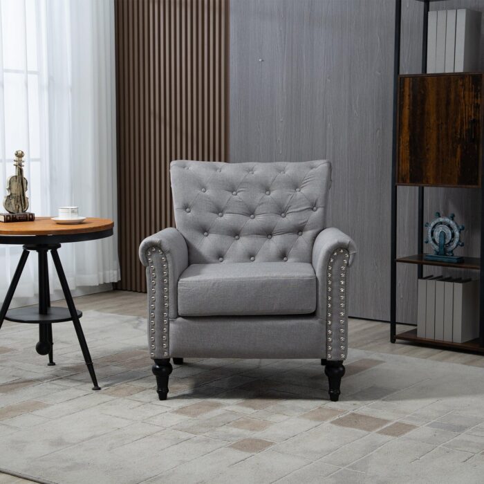 WIIS' IDEA™ Mid-Century Modern Linen Accent Armchair WithTufted Back And Wood Legs - Light Grey