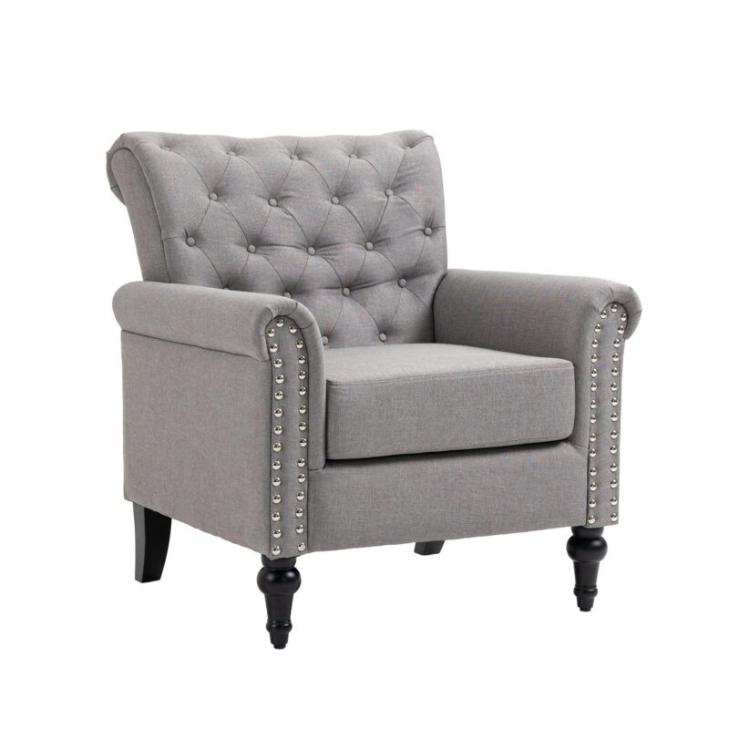 WIIS' IDEA™ Mid-Century Modern Linen Accent Armchair WithTufted Back And Wood Legs - Light Grey